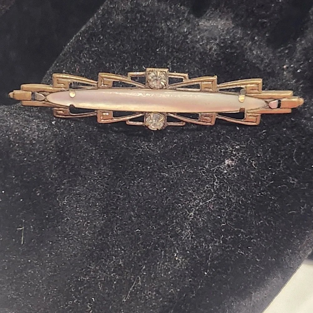 Art Deco Bar Brooch Mother‎ of Pearl Rhinestone Gold Bronze Tone Geometric VTG